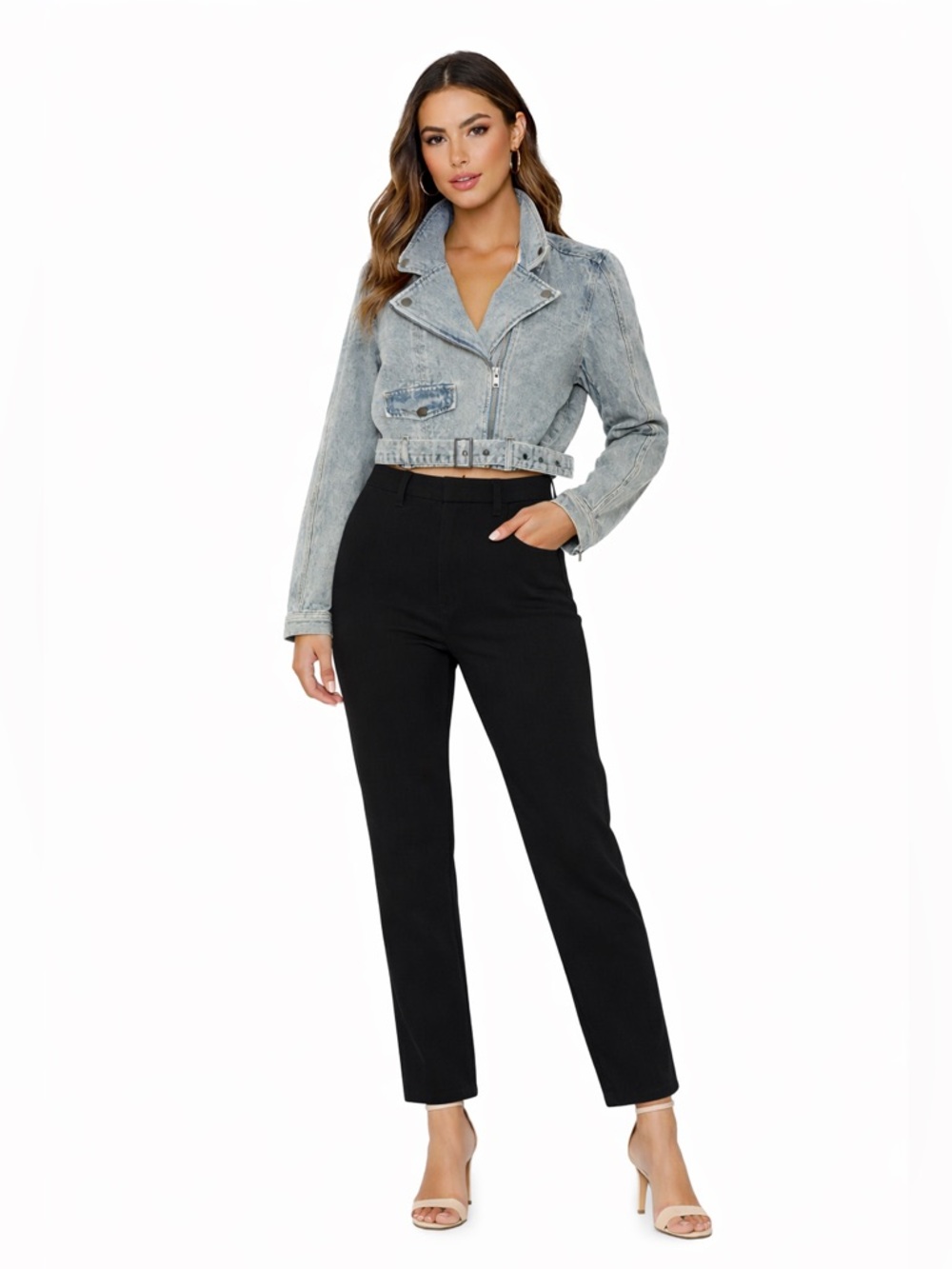 Saltwater Luxe Stella Jacket Cropped Denim Moto Belted NWT Size S $168